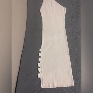 One-Shoulder White Ribbed Midi Dress with Side Tab Accents